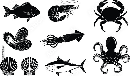 Black silhouette seafood collection fish shrimp crab mussels squid octopus scallops 1