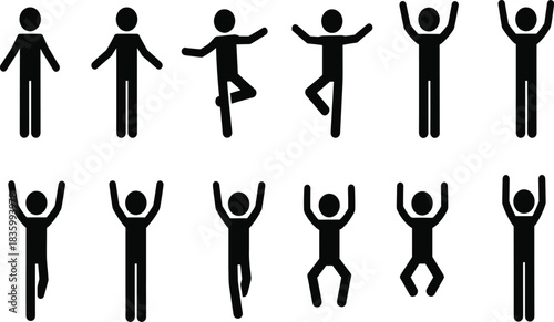 Black stick figures in various poses on white background silhouette person