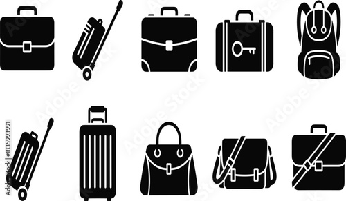 Collection of black luggage and bags icons on white background suitcase backpack