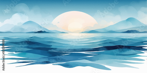 Summer seascape view of an iceberg in the ocean with sunlight, clouds, and a blue water reflection