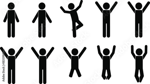 Ten black stick figures in various poses on white background person human