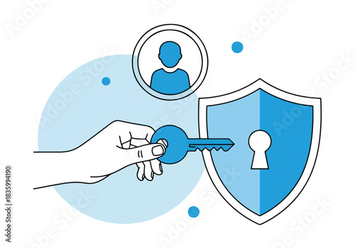 Secure access digital identity shield key user protection concept - Flat Vector Illustration, icon. Editable stroke. Colored vector illustration