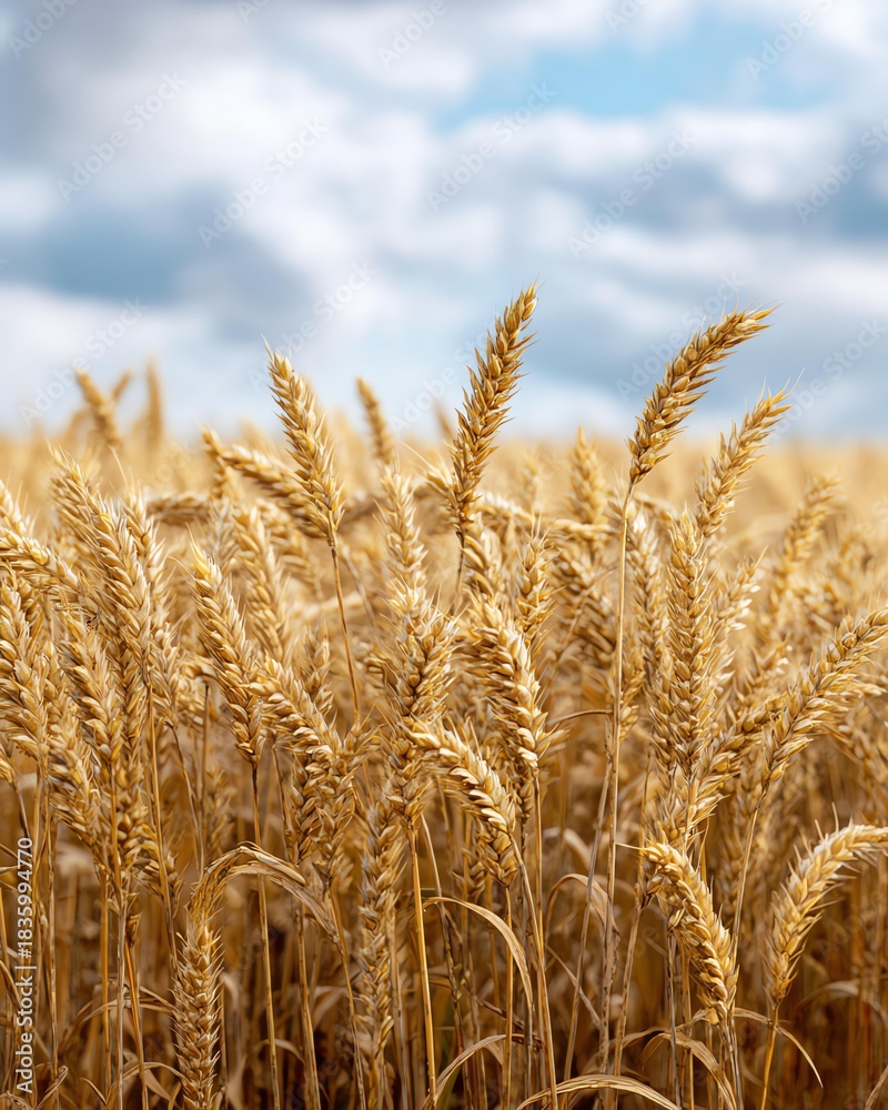 Fototapeta premium Golden Fields of Grain: A close-up view captures a vast field of ripe golden grain, swaying gently in the summer breeze beneath a cloudy sky.