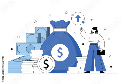 Financial growth concept money bag stacked bills and coins with person - Flat Vector Illustration, icon. Editable stroke. Colored vector illustration