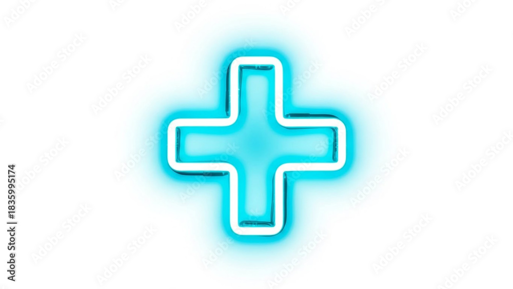 Obraz premium Vibrant cyan neon plus sign glows brightly symbolizing health care first aid and positive additions against a clean white background