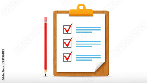 Stunning wooden clipboard with completed checklist and vibrant red pencil signifying perfect task accomplishment