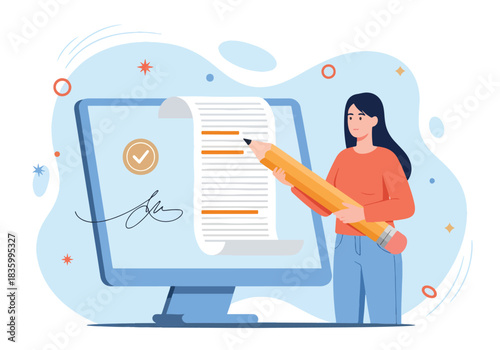 Woman digitally signing document on computer screen with large pencil - Flat Vector Illustration, icon. Editable stroke. Colored vector illustration