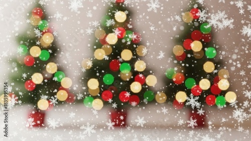 Three festive decorated christmas trees with colorful ornaments and glowing lights in a snowy winter scene