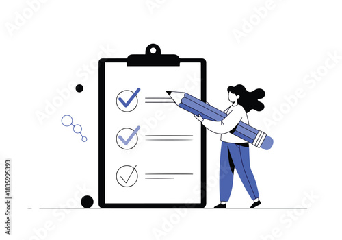 Person completing tasks on a checklist with a giant pen - Flat Vector Illustration, icon. Editable stroke. Colored vector illustration
