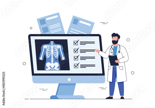 Doctor reviews medical scan and checklist on computer screen - Flat Vector Illustration, icon. Editable stroke. Colored vector illustration