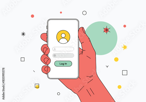Hand holding smartphone with login screen and abstract shapes - Flat Vector Illustration, icon. Editable stroke. Colored vector illustration