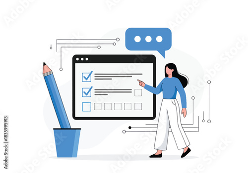 Woman completing online survey on computer screen with pen holder - Flat Vector Illustration, icon. Editable stroke. Colored vector illustration
