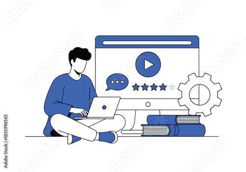 Online learning person with laptop and digital interface elements - Flat Vector Illustration, icon. Editable stroke. Colored vector illustration