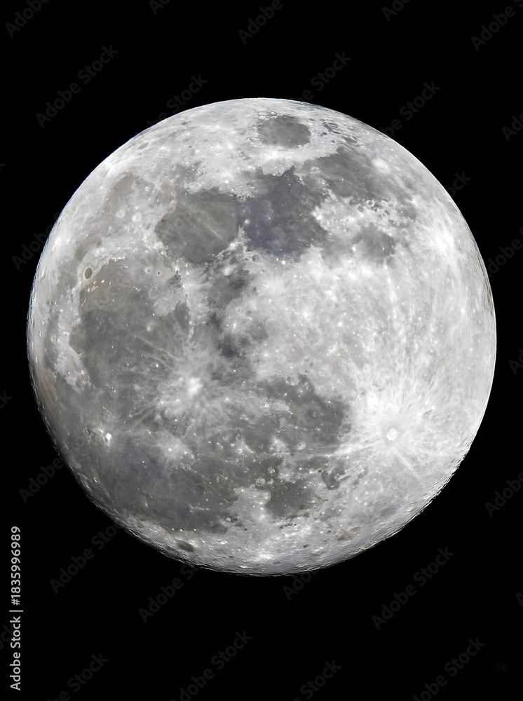 Obraz premium A close-up photograph of the full moon's surface, detailed with craters and texture, glowing brightly against a completely black night sky