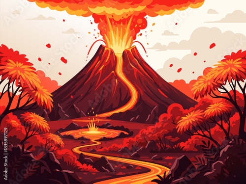 Dramatic Volcanic Eruption Illuminating a Fiery Landscape with Molten Lava Flowing Through Vibrant Red-Orange Forests and Ash-Filled Skies