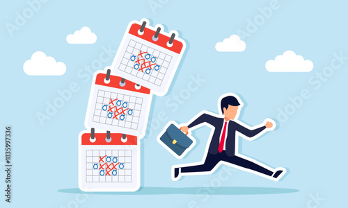 Businessman running to avoid falling calendar schedules illustrating the search for a way out of a hectic business project agenda