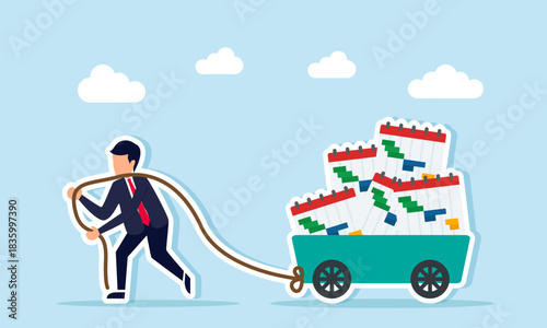 Businessman pulling a trolley full of calendar schedules illustrating the effort to complete all business agendas