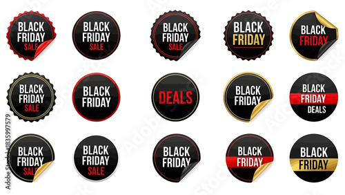 Black Friday Sale Deals Round Stickers for Retail Promotion and Discount Offers