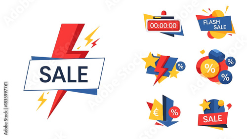 A vibrant collection of modern flat design icons illustrating the concept of retail flash sales, promotional offers, and shopping discounts