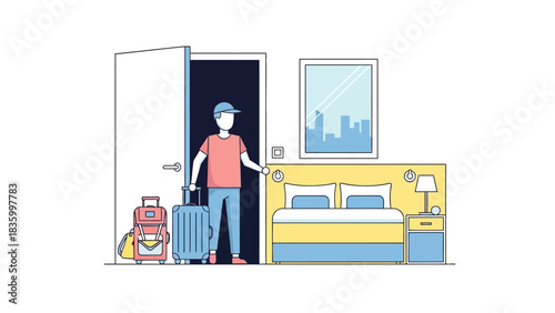 Modern traveler arriving at hotel room with luggage ready for relaxation and comfort after long journey, enjoying vacation getaway