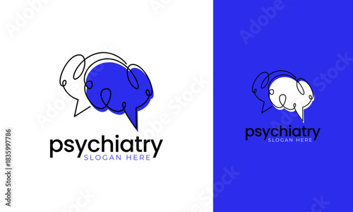Psychiatry logo design. Symbol with brain and bubble chat concept for mind consulting. Mental health vector illustration