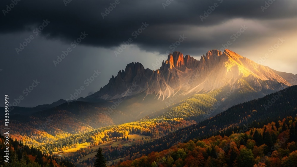 Fototapeta premium Sunlight breaks through storm clouds over an autumn mountain landscape.