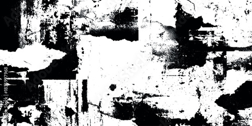 Abstract grunge texture featuring bold black ink splatters, distressed brush strokes, eroded edges, halftone dots and heavy weathering effects on transparent.