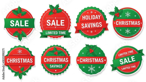 Grab attention with vibrant Christmas sale stickers offering holiday savings for a limited time, perfect for seasonal marketing campaigns now!