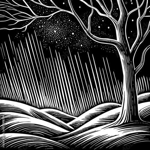 Stylized winter night scene with bare tree and snowy hills