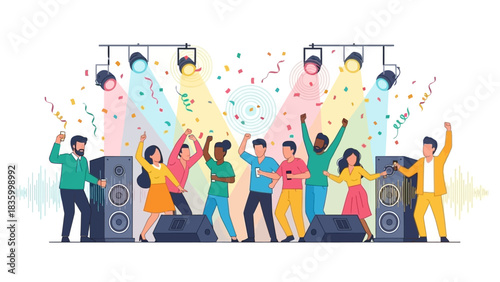 Dynamic group celebrating at a vibrant party with confetti and lights, perfect for event promotions and showcasing a lively atmosphere full of enjoyment