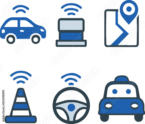 Autonomous Self-Driving Car and GPS Navigation Icons