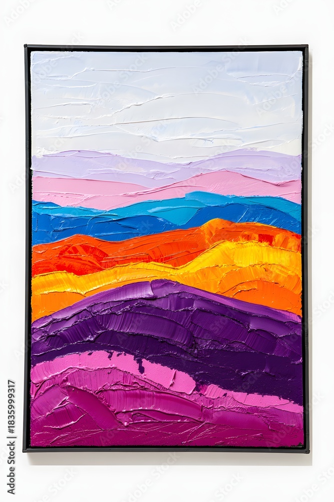 Naklejka premium Colorful textured mountain range painting with thick brushstrokes in a black frame art piece