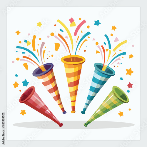 Dynamic vector artwork of five party poppers launching vibrant confetti and stars, embodying the spirit of celebration, joy, and festive events