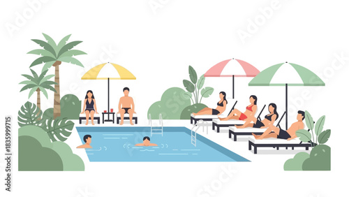 Lazy summer vacation at the pool with friends enjoying the tropical sun and relaxation, perfect for travel ads and carefree lifestyle campaigns