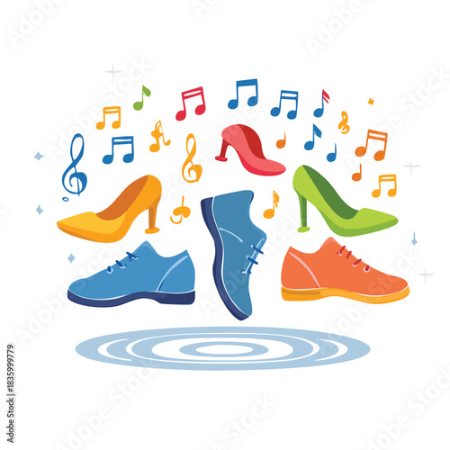 Vibrant illustration of fashion footwear, including high heels and men's shoes, with musical notes, symbolizing the harmony of style, rhythm, and dance