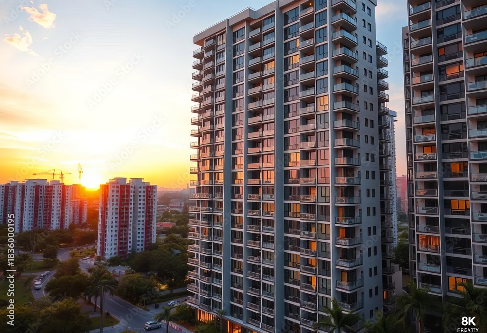 Naklejka premium Modern high-rise apartment building exterior at sunset, sale, development