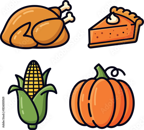 Thanksgiving Feast: Turkey Pie Corn and Pumpkin Illustration.