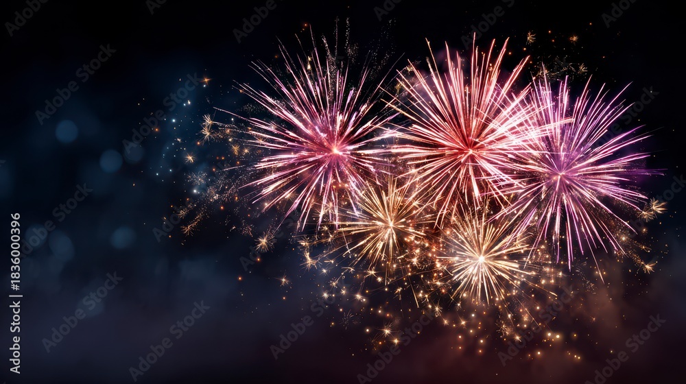 Fototapeta premium Celestial Symphony of Light: Fireworks explode in a kaleidoscope of vibrant colors against a dark, night sky, a visual spectacle of joy and celebration.