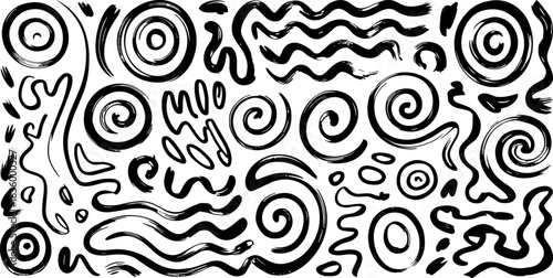 Black ink brush strokes and doodles on white background abstract