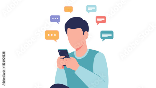 Stay Connected Man Texting on Smartphone Amidst Colorful Chat Bubbles Engaging in Social Media, Mobile Communication, and Modern Digital Lifestyle