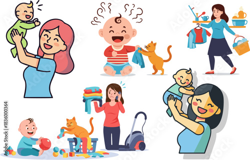 Embrace the charming chaos of new parenthood heartwarming and humorous moments of a busy mom navigating baby care, daily chores, and playful pet adventures