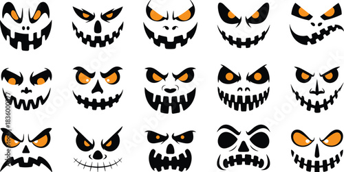 Collection of fifteen spooky Halloween pumpkin faces with orange glowing eyes scary