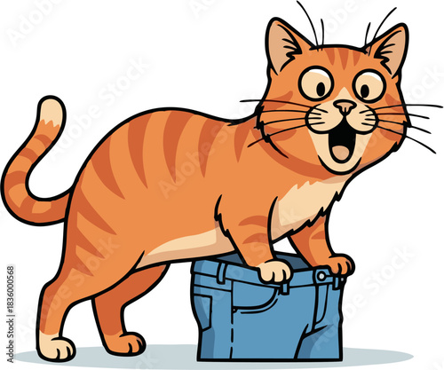 Whimsical cartoon illustration of an astonished orange tabby cat comically caught with its hind legs inside a pair of blue denim jeans, depicting a playful and humorous domestic animal mishap