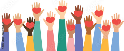 Diverse hands holding red hearts raised in unity and support love diversity