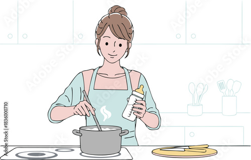 A young mother in an apron preparing baby food in the kitchen, stirring a pot on the stove while holding a milk bottle