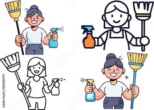 Professional Cleaning Service Concept Illustrations Featuring a Cheerful Woman with Broom and Spray Bottle, Ideal for Hygiene and Domestic Care Themes