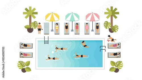 Enjoying summer fun at the swimming pool resort with people relaxing and swimming, perfect for vacation ads or family lifestyle concepts