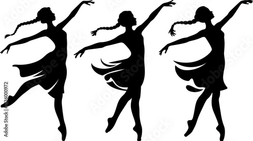 Three black silhouette ballerinas in graceful poses on white background ballet dance