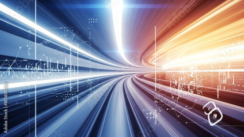Dynamic light trails speed through a futuristic tunnel symbolizing rapid data transfer and digital innovation across connected systems