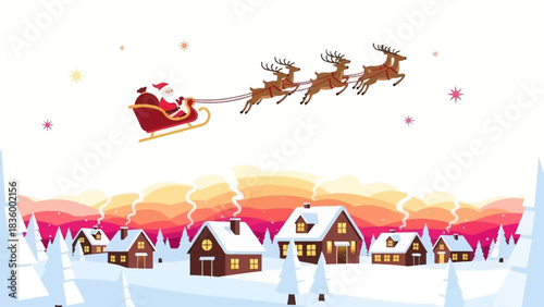 Santa Claus flying over snowy village with reindeer on Christmas Eve, spreading festive cheer and holiday magic, bringing gifts and joy to everyone